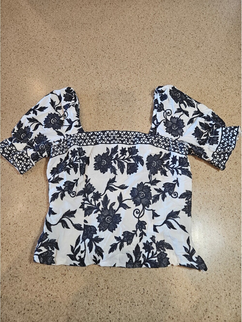 Antoni Milani White and Navy Floral Off Shoulder Puff Sleeve Top